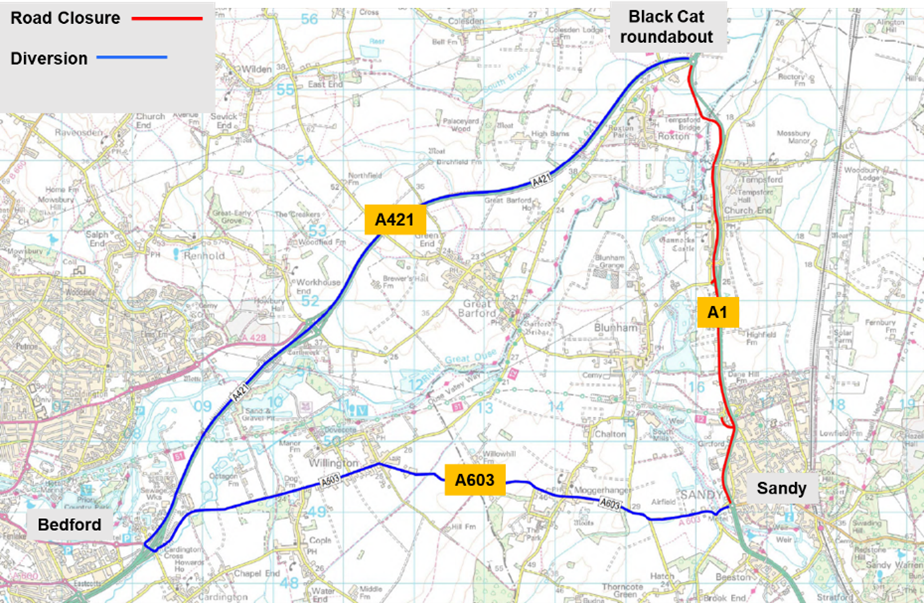 A1 northbound Sandy to Black Cat roundabout diversion map