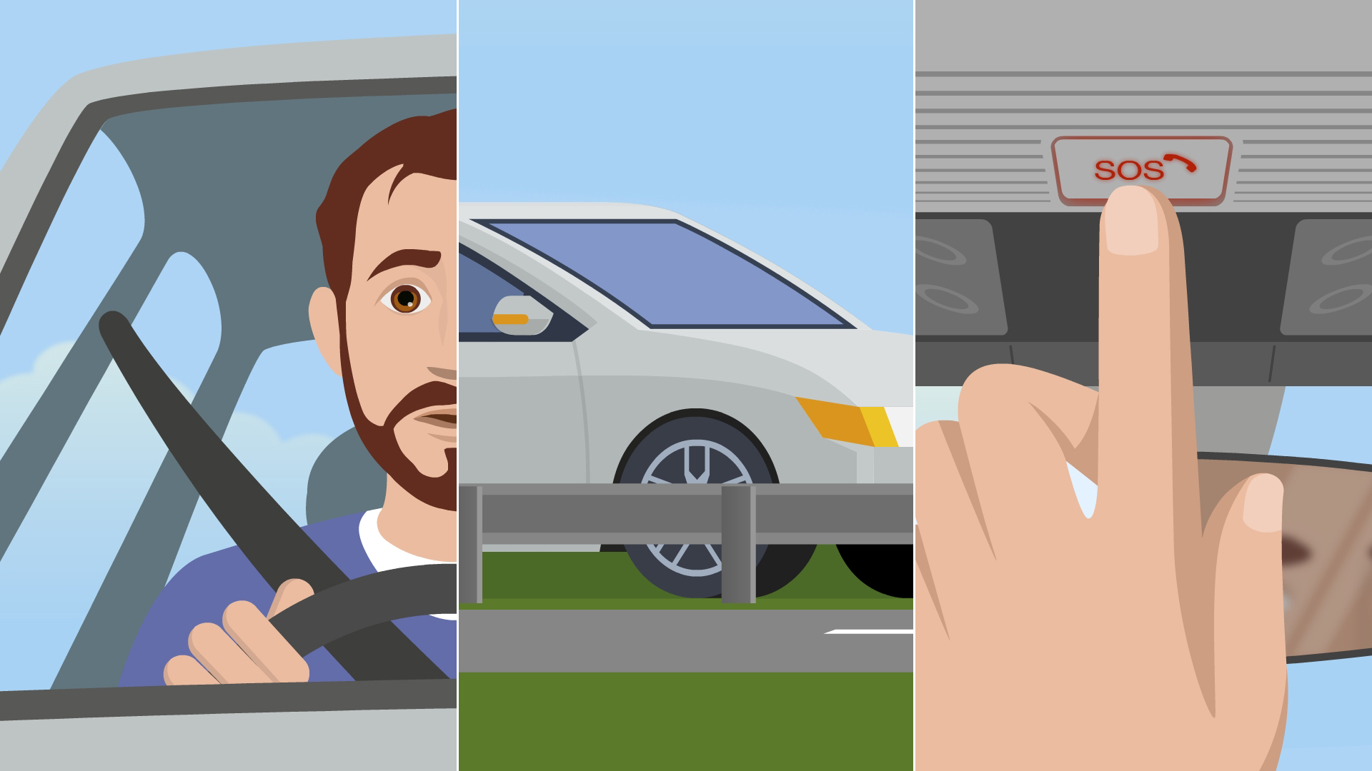 Illustration divided into 3 parts showing driver with his seatbelt on, a stationary car and a finger pressing the eCall SOS button
